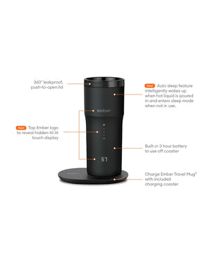 Electric Coffee Travel Mug juodas V2 - 355ml su lietimui jautriu ekranu ir įkrovimo plokštele juodos spalvos, elegantiškas dizainas.