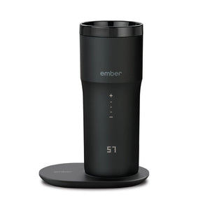 Electric Coffee Travel Mug juodas V2 - 355ml juodos spalvos su skaitmeniniu ekranu ir šildymo plokštele optimaliam kavos temperatūros palaikymui.
