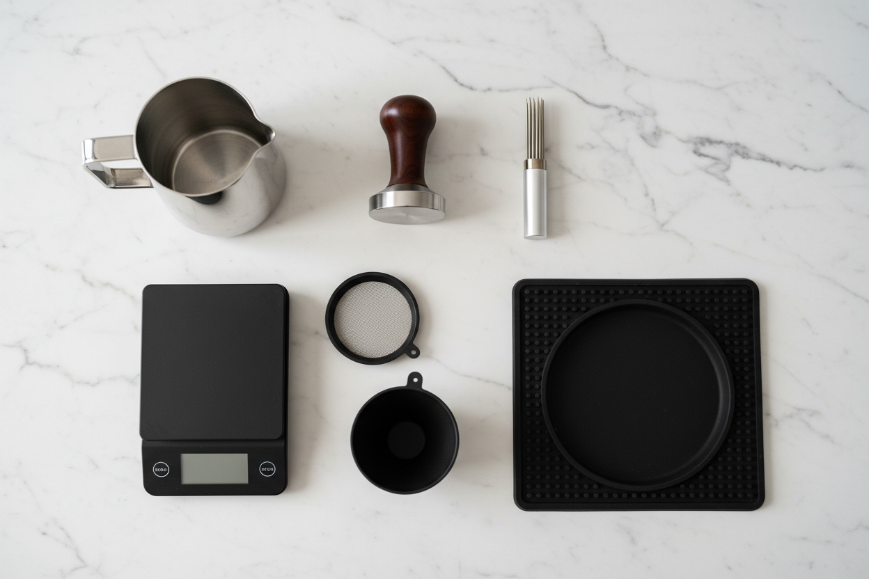 Barista espresso tillbehör flat lay